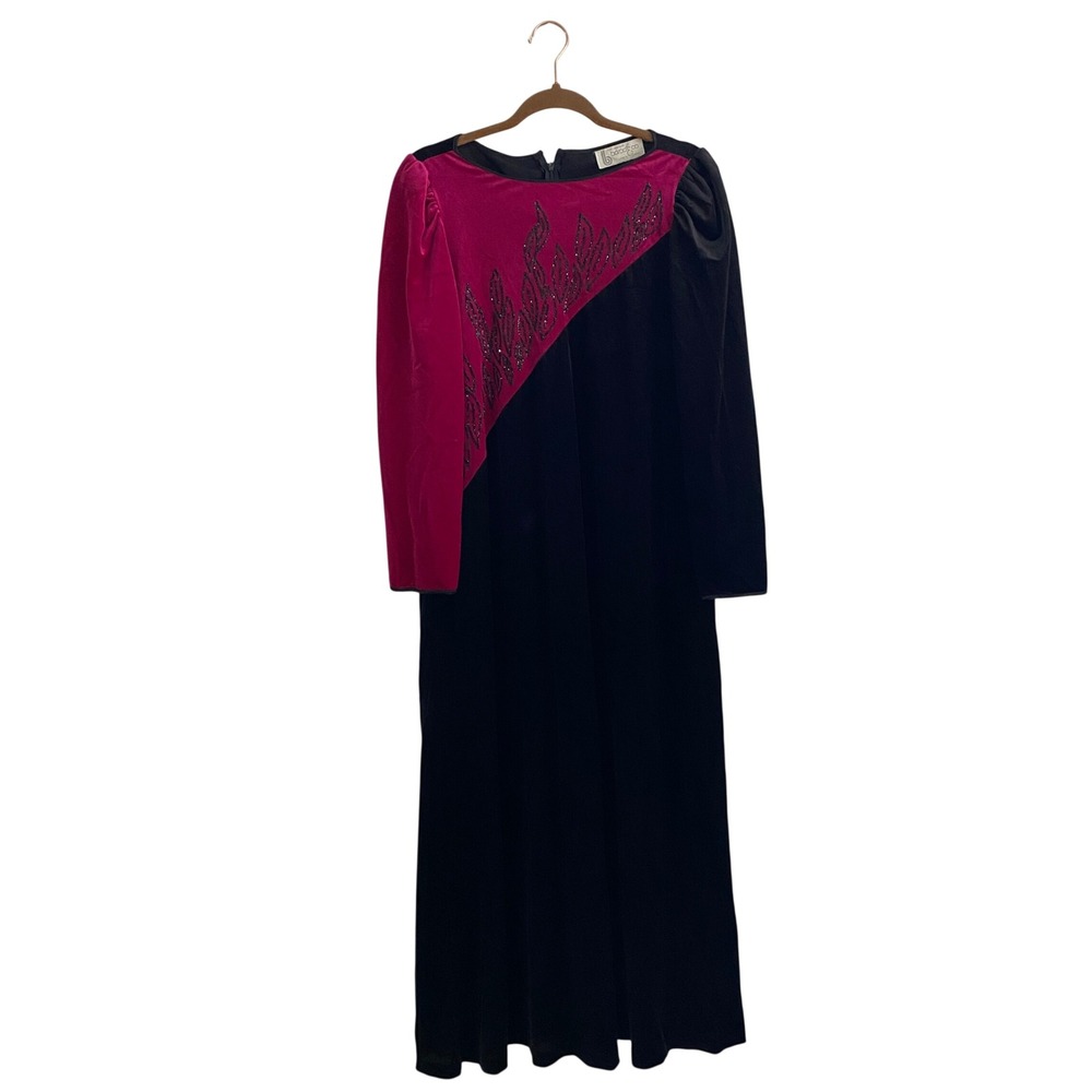 Vintage 80s Tom Bezduda Barad‎ Velvet Maxi Dress Fuchsia Black Whimsigoth Goth M